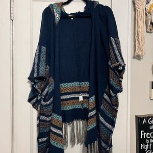 Cozy Hooded Knit Poncho with Fringe